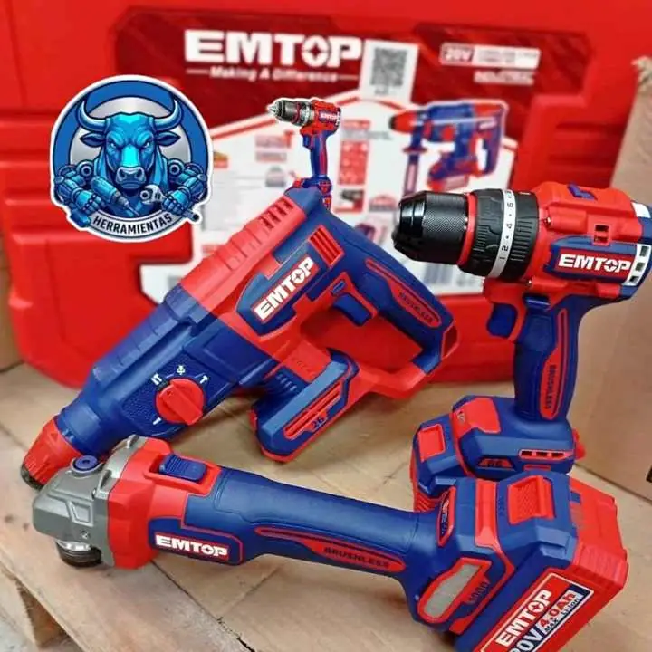 Combo emtop 20V brushles taladro amoladora rotomartillo Incluye 2 Baterías 4ah y Cargador
