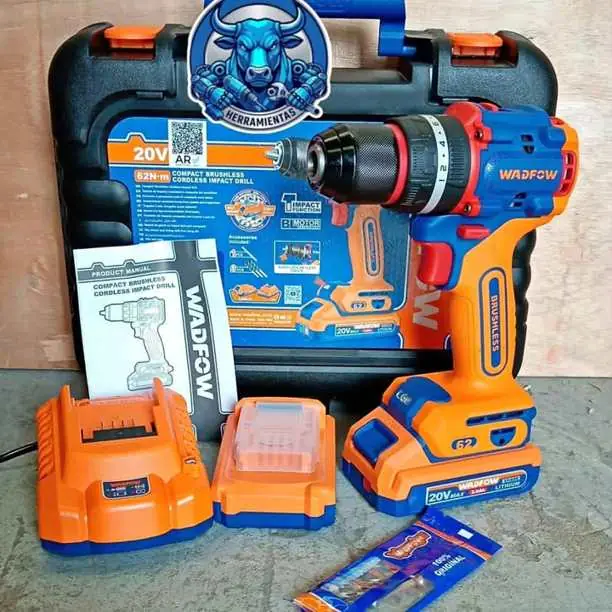 Taladro Atornillador Percutor 20V 62NM BRUSHLESS con 2 Baterías y Cargador Wadfow