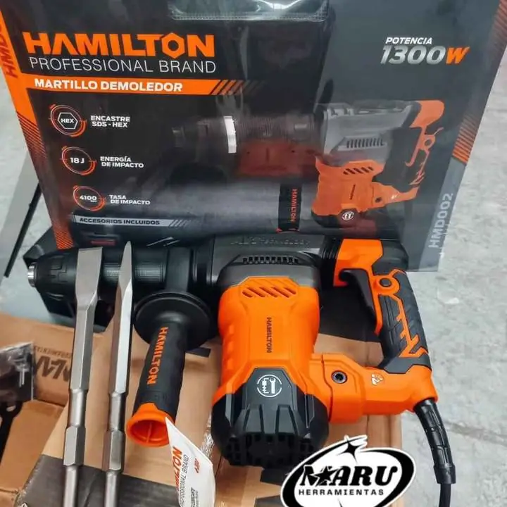 Martillo demoledor de mano sds plus 1300 wts 18j incluye cinceles y maletín HAMILTON