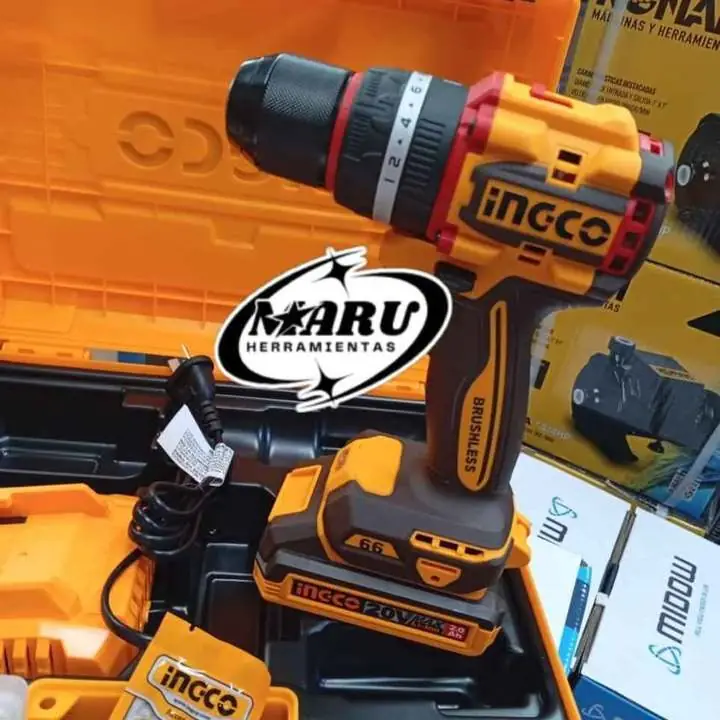 Taladro percutor 13mm 20V 66Nm Mandril metal. BRUSHLESS con accesorios Ingco