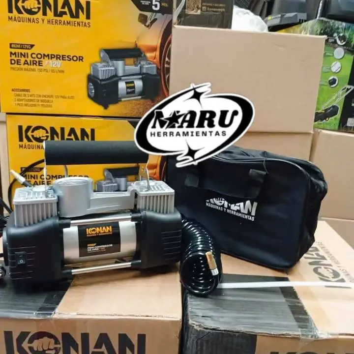Compresor de aire doble cilindro 12V 150PSI con accesorios KONAN