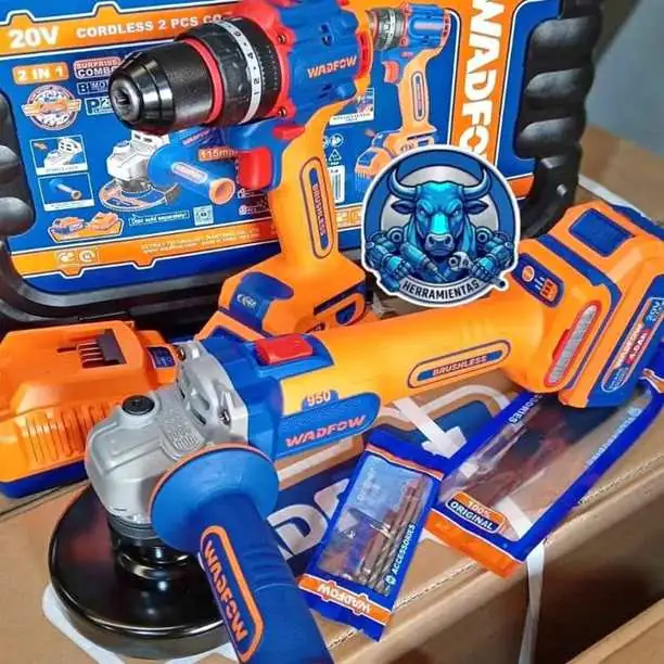 Combo inalámbrico 20V brushless Wadfow taladro percutor 62NM amoladora 115MM 2 baterías y cargador