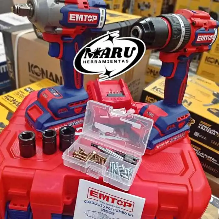 Combo emtop taladro de impacto 66NM + llave de impacto 400NM 1/2"/INCLUYE 2 baterías y cargador
