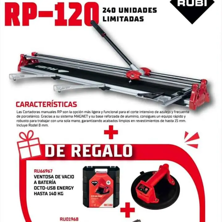 Cortadora de Cerámica y Porcelanato 1.20Mts +Ventosa de Vacío a Batería + Rodel Widia RP-120 RUBI