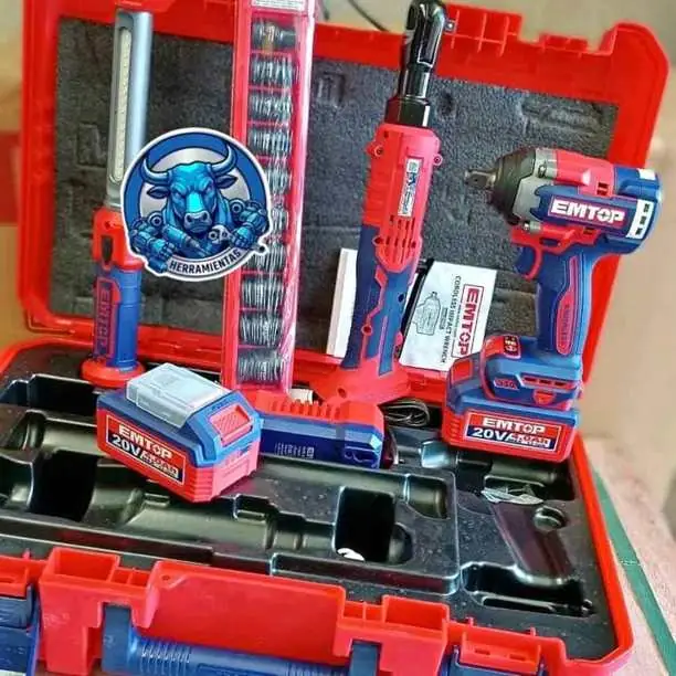 Combo 3 en 1 20V emtop llave de impacto +crique 65NM +linterna con 2 baterías y cargador