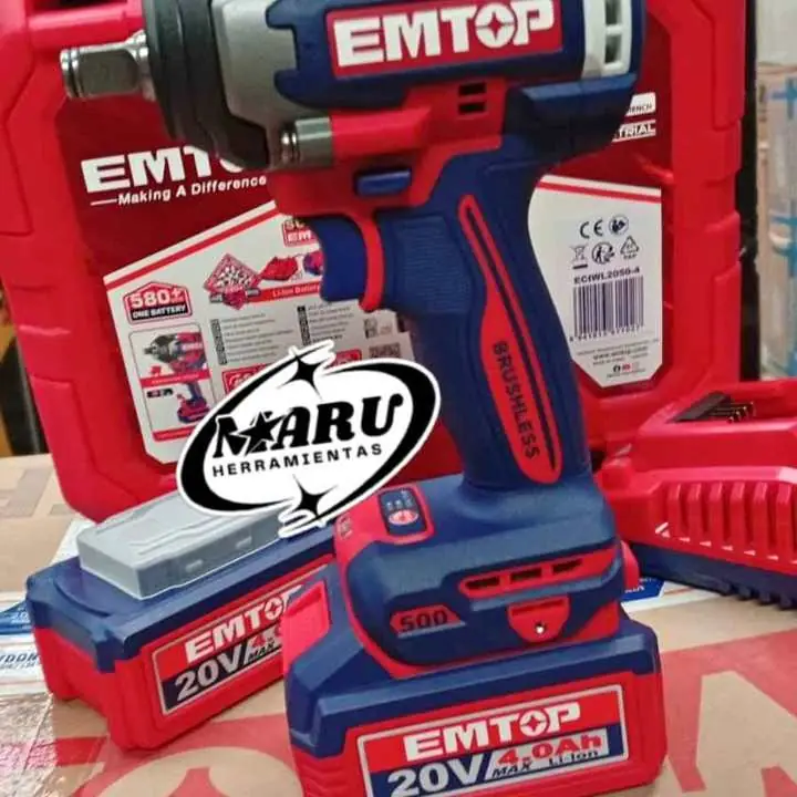 Llave de Impacto 20V 500NM ENC. 1/2" INCLUYE 2 BATERÍAS 4ah, cargador y tubos emtop