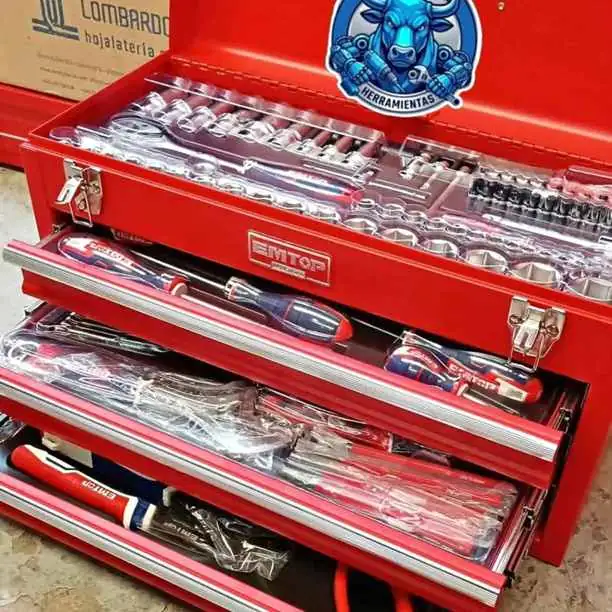 Caja Gabinete 3 Cajones con 132 Herramientas Trabas de Seguridad EMTOP