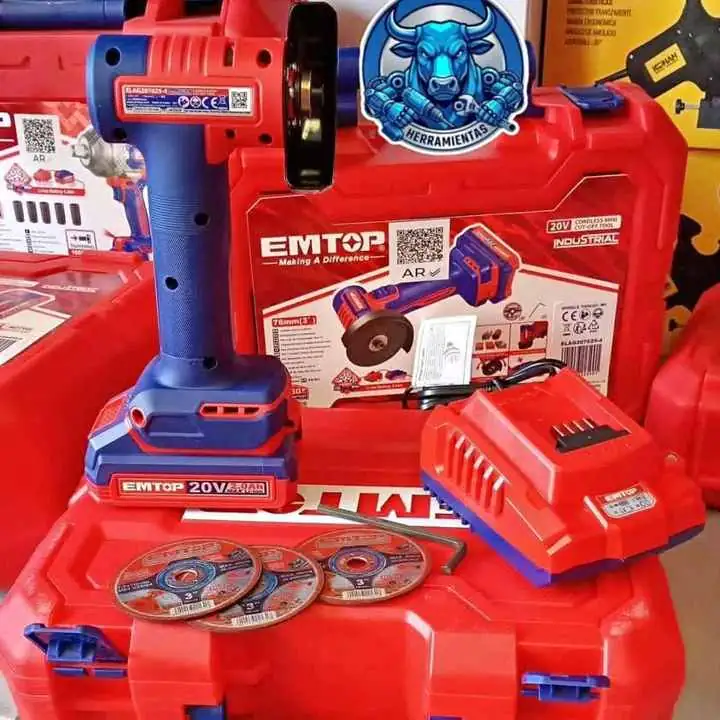 Mini Amoladora a Batería 20V 76mm 3" Incluye 1 Batería, Cargador y Discos EMTOP