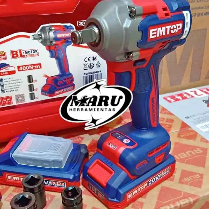 Llave de Impacto a batería 20V 400NM brushless incluye 2 baterías, tubos y cargador emtop