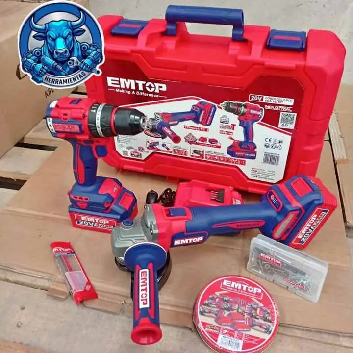 Combo 20V brushless emtop amoladora 115MM taladro 66NM 2BATERIAS y cargador