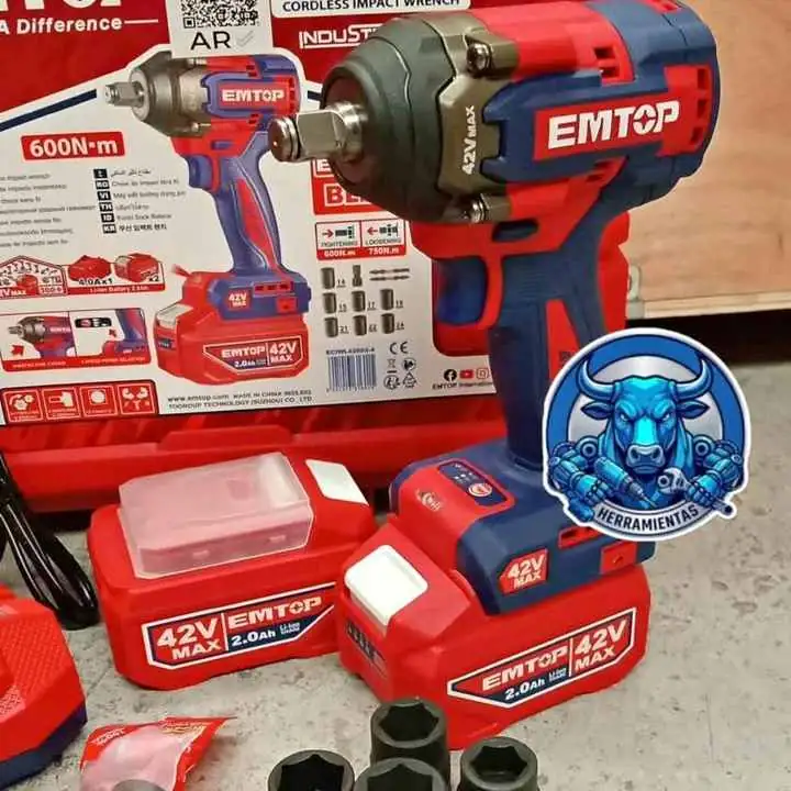 Llave de impacto Inalámbrica 42V 600NM BRUSHLESS Incluye 2 Baterías 4ah, Cargador y Tubos EMTOP