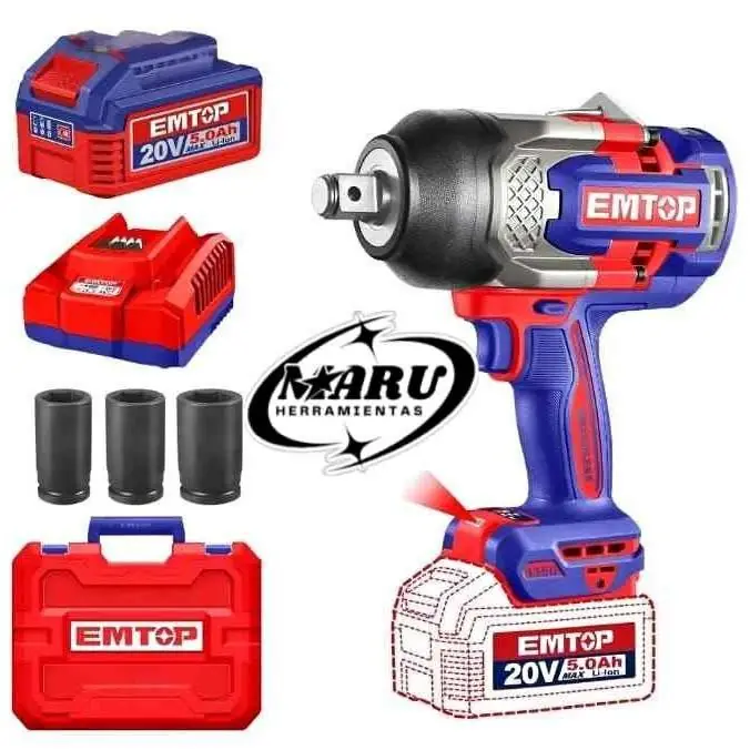 Llave de Impacto Inalámbrica 20V 1350NM INCLUYE 2 BATERÍAS 5ah, Cargador, 3 Tubos y Maletín EMTOP