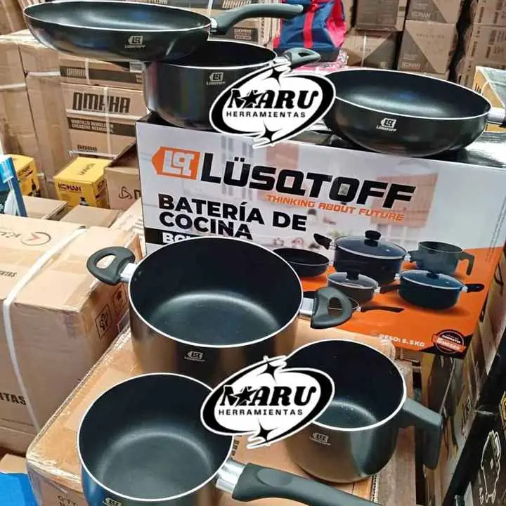 Batería de cocina Aluminio 9Pzs incluye tapas de vidrio templado/con antiadherente LUSQTOFF