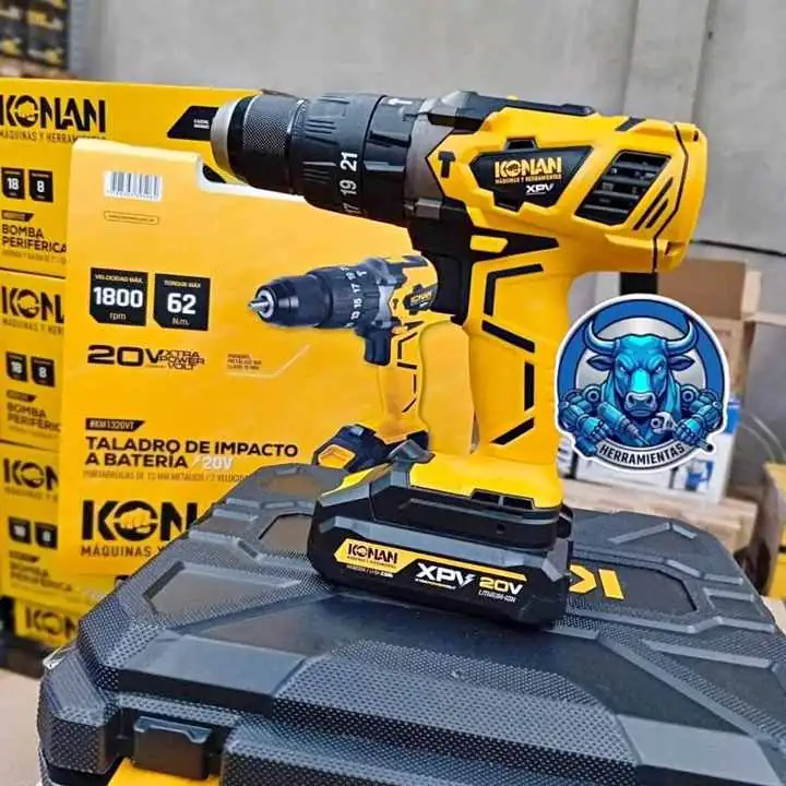Taladro de impacto a Batería 20V 62NM BRUSHLESS Mandril Metálico 13mm, 2 Baterías y Cargador KONAN