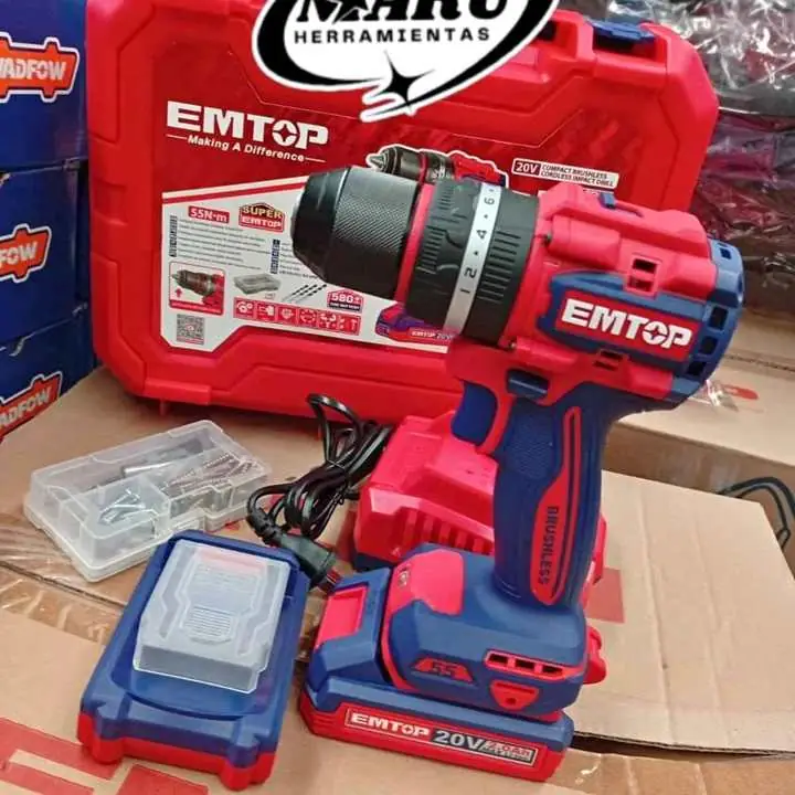 Taladro Percutor Atornillador 20V 55NM mandril metalico 13MM con 2 Baterías y Cargador EMTOP