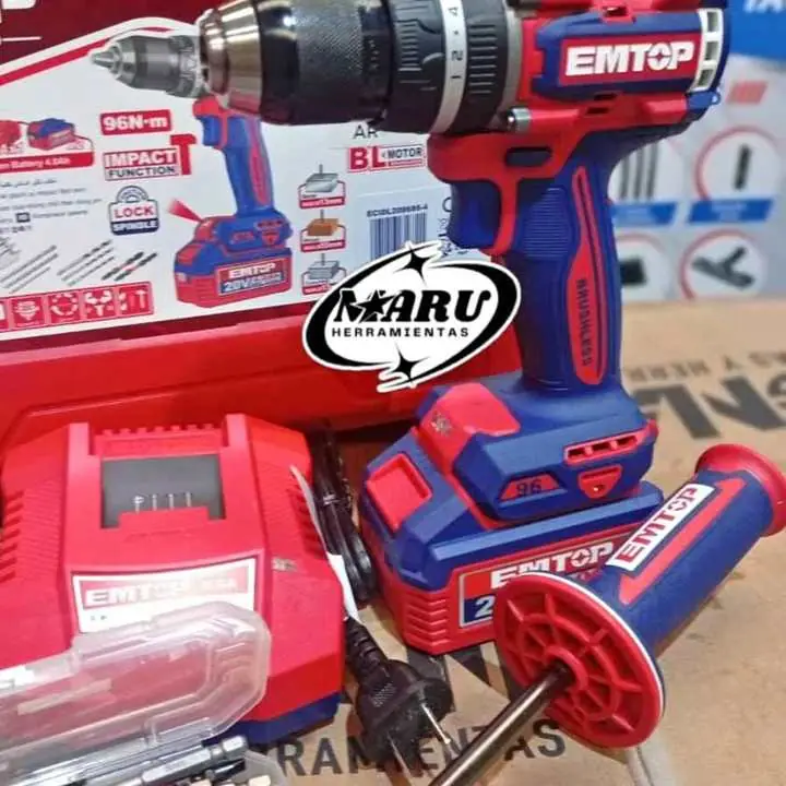 Taladro Atornillador de Impacto 20V 96NM brushless incluye 2 baterías, cargador y accesorios emtop