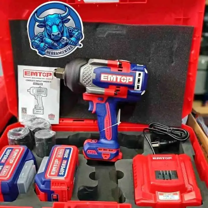 Llave de impacto a Batería 1/4" 1750NM BRUSHLESS con 2 Baterías 8ah, tubos y Cargador EMTOP