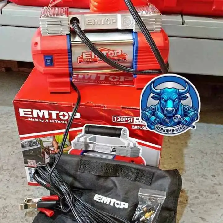 Mini Compresor de Aire 12V 120psi incluye 4 Adaptadores, Bolso, Pinzas y Manguera EMTOP