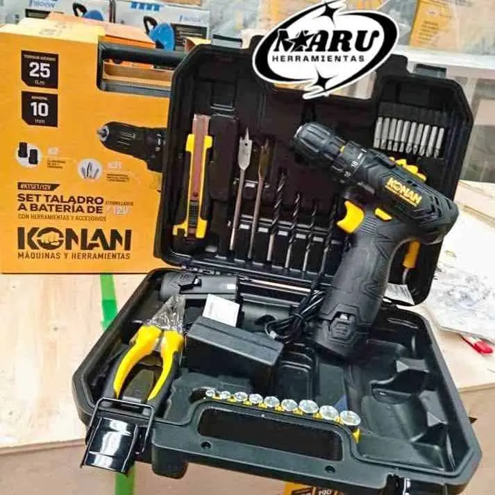 Taladro atornillador 12V con herramientas y accesorios incluye 2 baterías y cargador KONAN