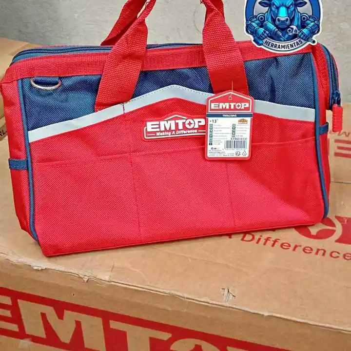Bolso Porta Herramientas 13" Rígido Reforzado 12Kgs Bolsillos externos EMTOP