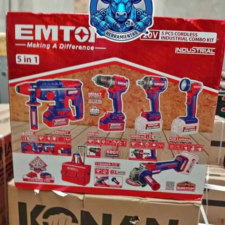 Combo 20V 5 en 1 brushless emtop taladro, rotomartillo, amoladora, linterna, llave de impacto