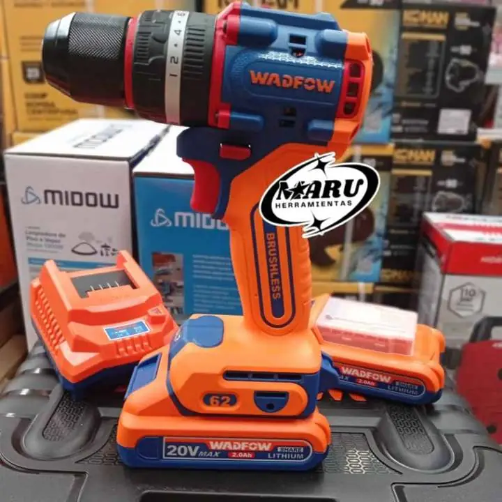 Taladro Atornillador Percutor 20V 62NM BRUSHLESS con 2 baterías, cargador y maletín Wadfow