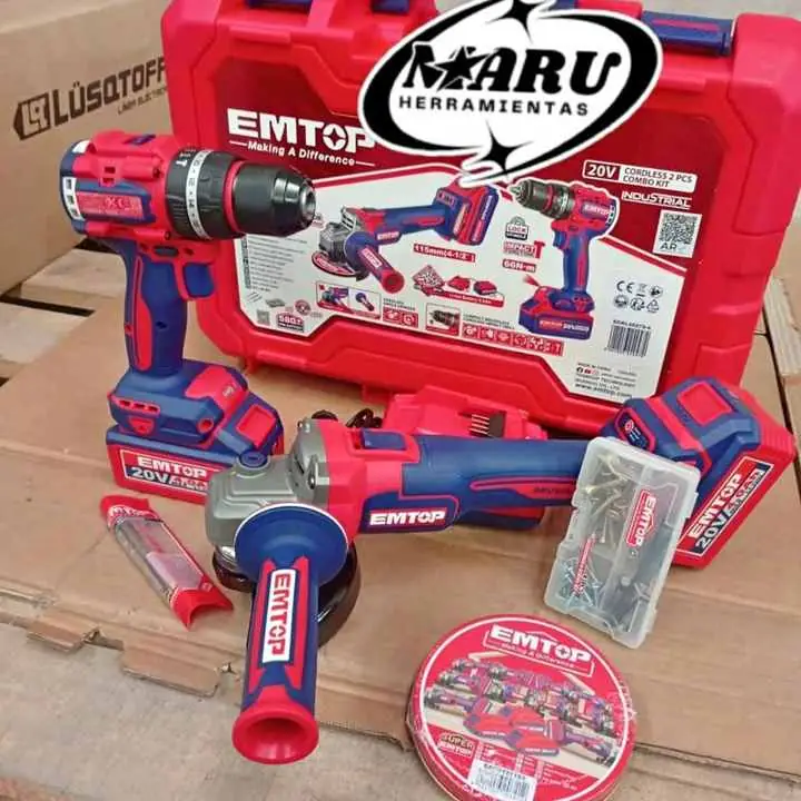 Combo emtop 20V brushless taladro 66NM amoladora 115MM/CON 2 baterías y cargador
