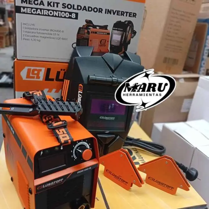 Soldadora MEGAIRON 100-8 con KIT 105amp incluye mascara, escuadras y cables lusqtoff