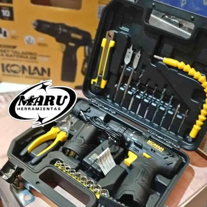 Set Taladro Atornillador 12V 10mm con herramientas, accesorios, 2 baterías y cargador konan