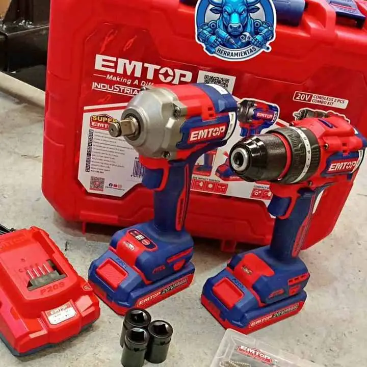 COMBO 20V brushless emtop taladro 66NM+LLAVE de impacto 405NM/2 Baterías, Cargador y Accesorios
