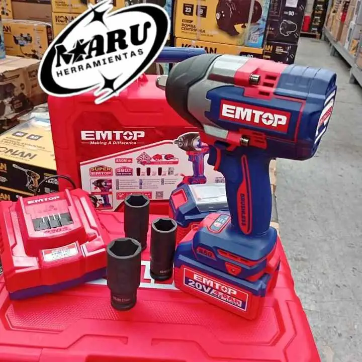 Llave de impacto 42V 850NM BRUSHLESS. Enc. 1/2" INCLUYE 2 baterías, cargador y tubos emtop
