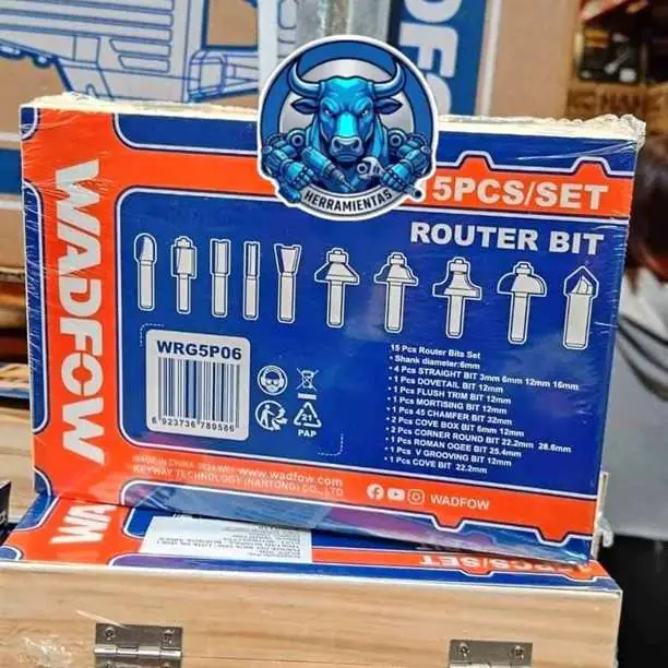 Set 15 Pzs Fresas 6mm para Router Fresadora en Caja de Madera Wadfow
