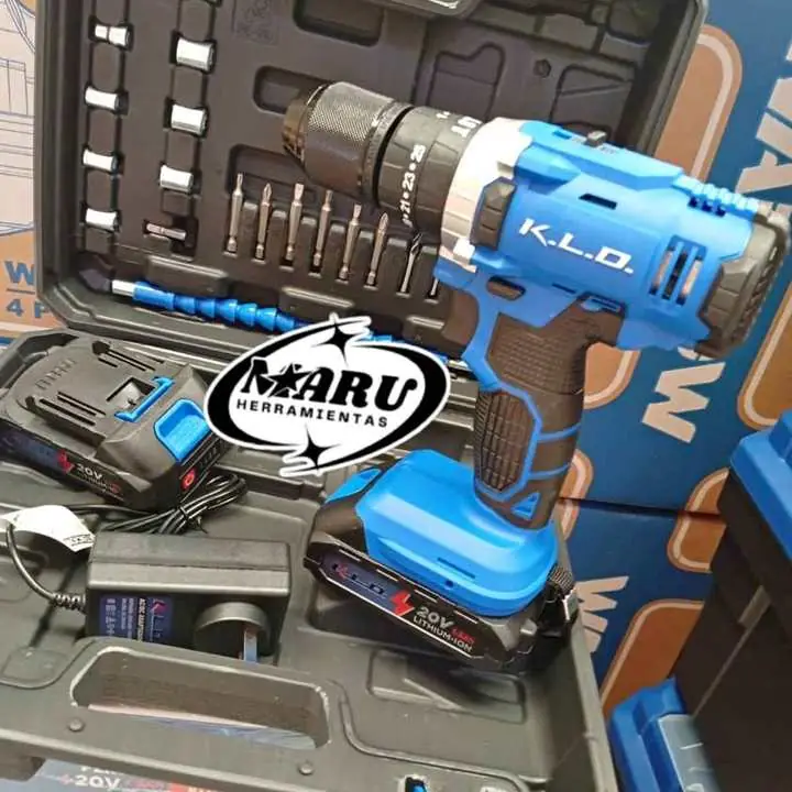 Taladro Atornillador Percutor Inalambrico 20V incluye 2 baterías, cargador y accesorios KLD