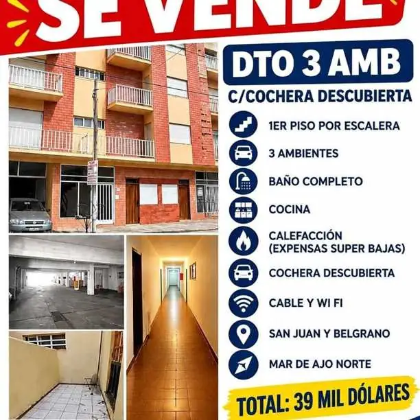 Vendo depto 3 amb C/cochera descubierta en mar de ajo norte. 39 mil dolares. whatsap