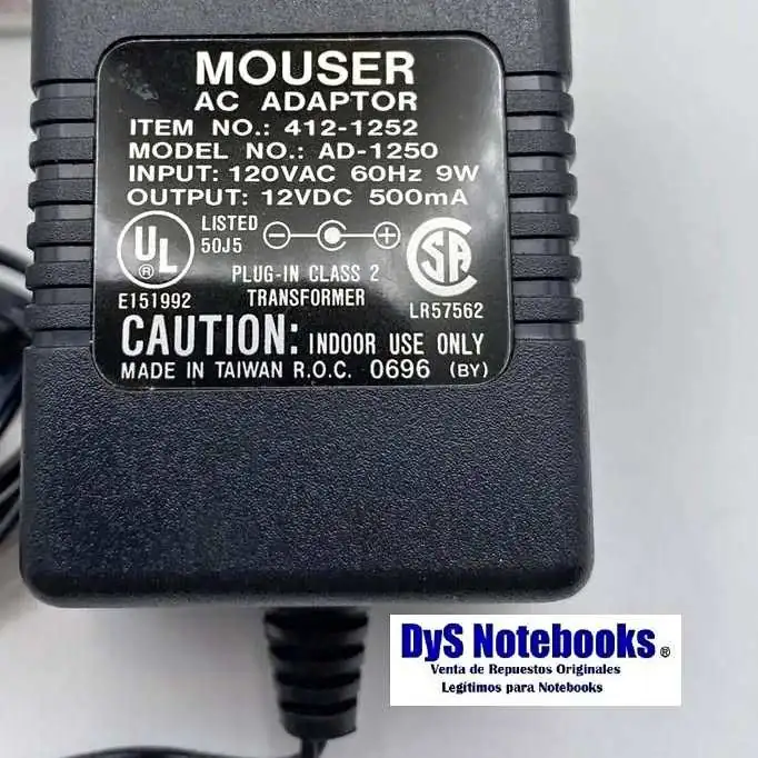 Cargador exos 406 12V – 500mA modelo ad-1250 IMPUT: 120VAC 9W