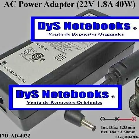Dell cargador o proyecto 22V – 1.8A 40W conector muy finito 1.35/3.5mm