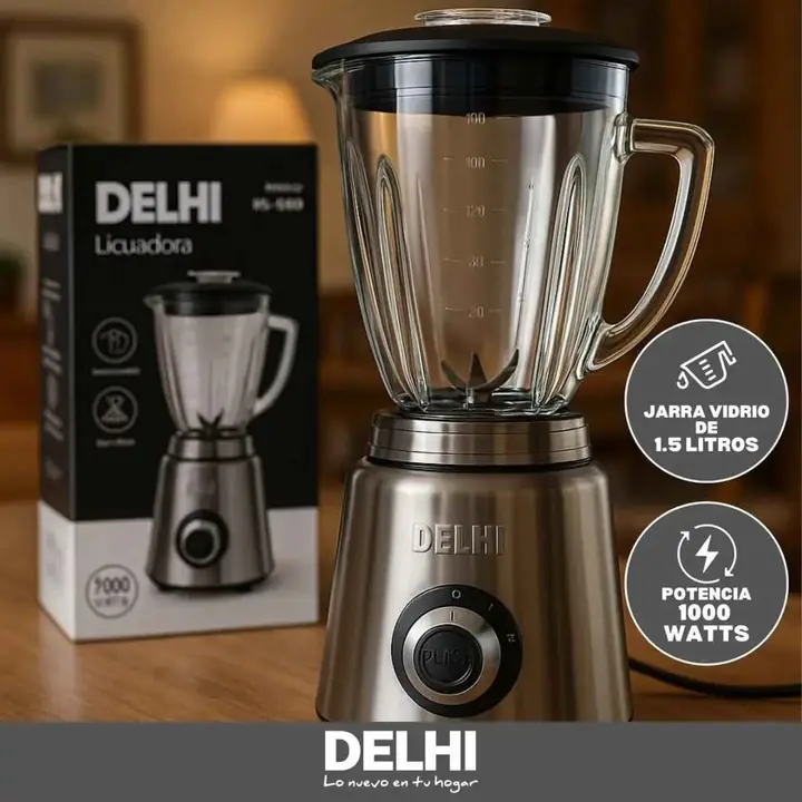 Licuadora Delhi J/Vidrio Acero Inox 1.5L 1000W DL-1000