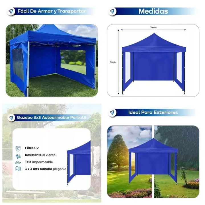 Gazebo plegable impermeable waggs azul con paredes