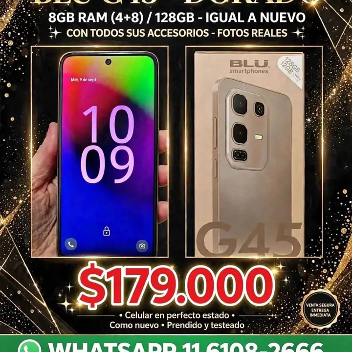 Celular blu G 45 igual a NUEVO,8 RAM 128 gigas,con todos sus ACCESORIOS,$179000