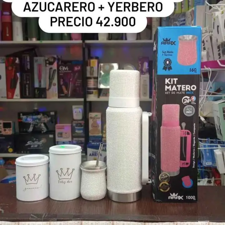 Termo brillo + azucarero + yerbero + mate + bombilla