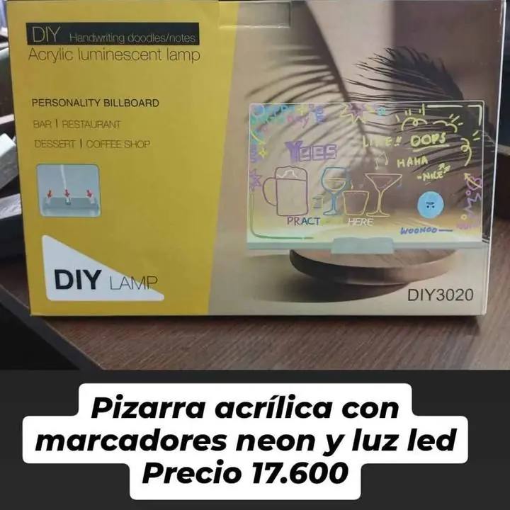 Pizarra acrílica con marcador neon y luz led