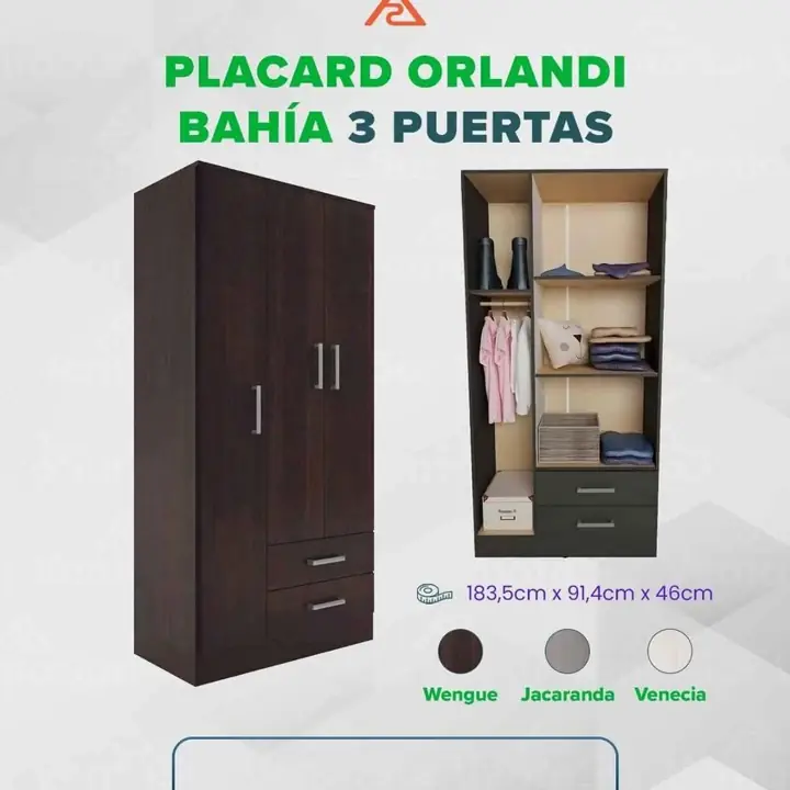 Placard Bahia 3 Puertas 2 Cajones de melamina. viene desarmado