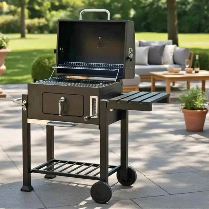 Parrilla con tapa, mesa auxiliar y ruedas de transporte