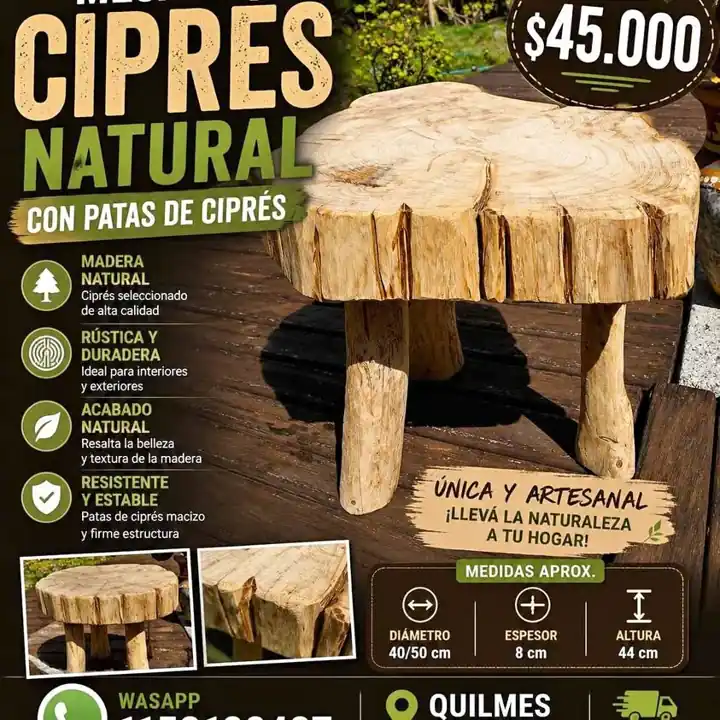 Mesa ratona de ciprés, natural, con patas de ciprés