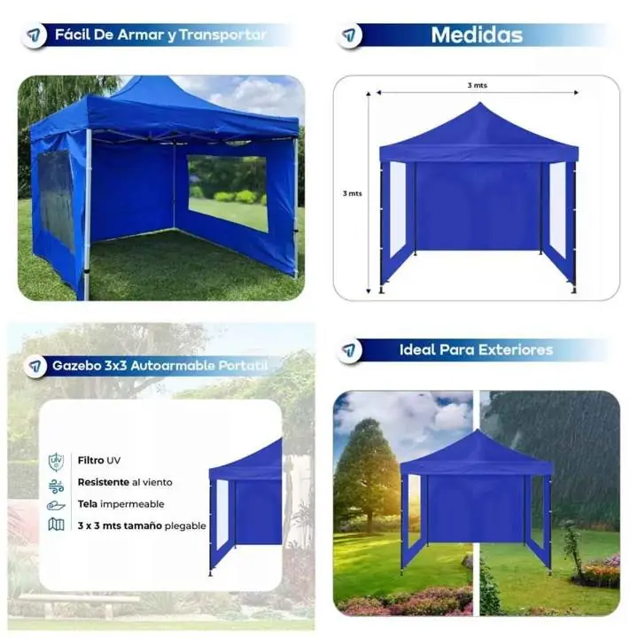 Gazebo plegable impermeable waggs azul con paredes