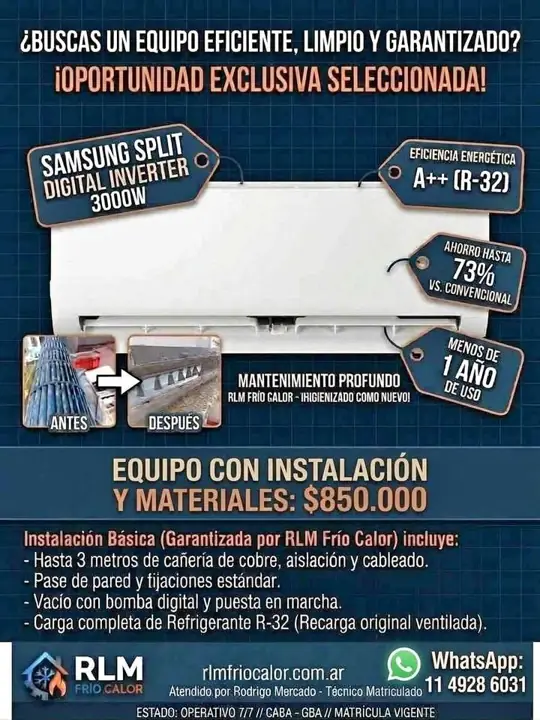Aire Acondicionado Samsung Inverter 3000w con Instalacion y materiales