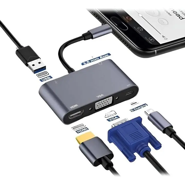 Adaptador tipo C 5 en 1 - HDMI - VGA - PD - USB 3.0 y Auxiliar 3.5mm PC Android IOs