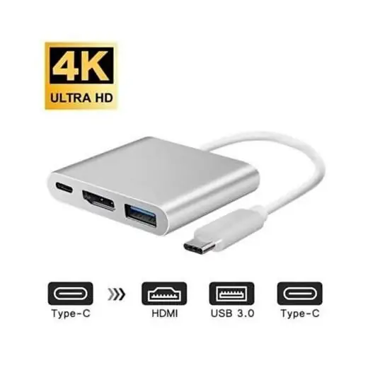 Adaptador HUB tipo C 3 en 1 - HDMI USB 3.0 y PD - PC Mac iPad Android
