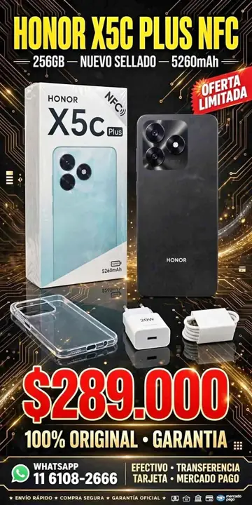 Honor X5C plus NFC 256 gigas,nuevo sellado,con ACCESORIOS,$289000