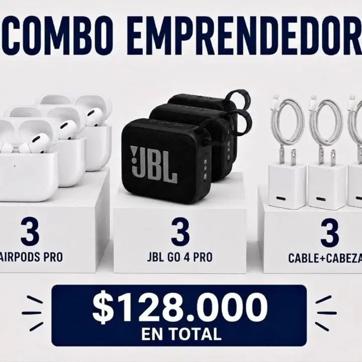 Combo emprendedor - 3 AirPods pro - 3 JBL GO4 pro - 3 cargadores de iPhone